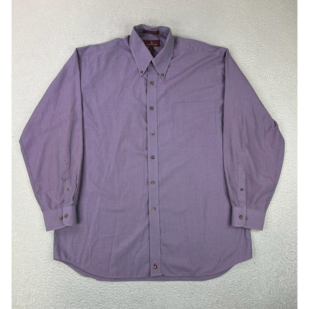 Nordstrom Mens Dress Shirt Large Purple Check Classic Fit Cotton Button Down LS